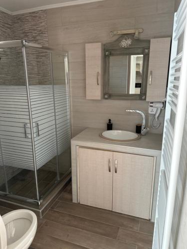 Un baño con ducha, lavabo y espejo. en OlympiaHouse, en Drama