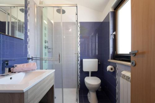 a bathroom with a toilet and a glass shower at Traumhaftes Apartment nur 100 Meter zum Strand mit Jacuzzi, Meerblick, Salzwasserpool in Funtana
