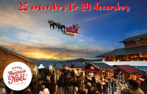 a crowd of people standing around a christmas market at Close to Lake & Chillon Castle, New & Comfortable in Veytaux