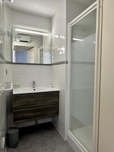 une salle de bain avec un lavabo et une douche dans l'établissement Appartement cosy en bord de mer, à La Londe-les-Maures