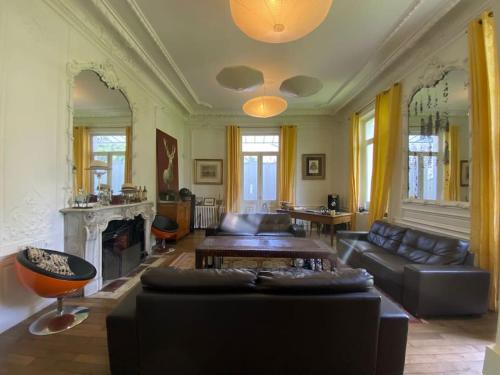a living room with a couch and a fireplace at Hôtel particulier Au pied de la cathédrale in Beauvais