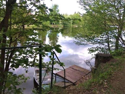 a boat is sitting in the middle of a lake at Chata Eva in Planá nad Lužnicí