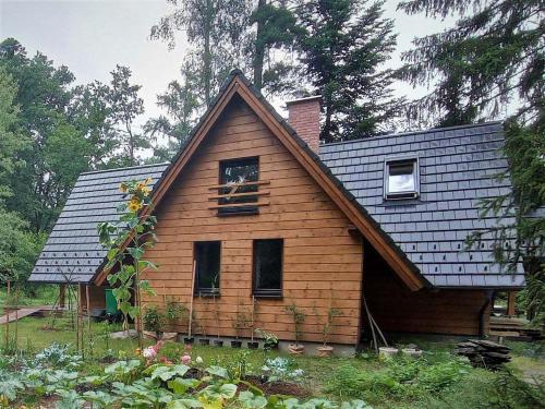 a small wooden house with a gambrel roof at Chata Eva in Planá nad Lužnicí