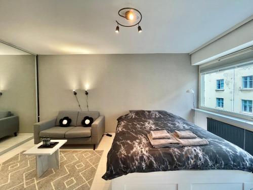 Un dormitorio con una cama y un sofá y una ventana. en Puma's central flat 2 in Helsinki, en Helsinki