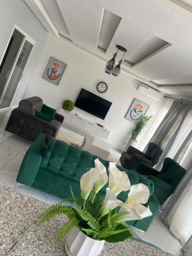 a living room with a green couch and a tv at Résidence Turpin in Toubab Dialaw