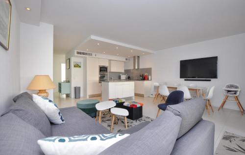 Il comprend un salon avec un canapé gris et une cuisine. dans l'établissement Awesome Apartment In Antibes With Wifi, à Antibes