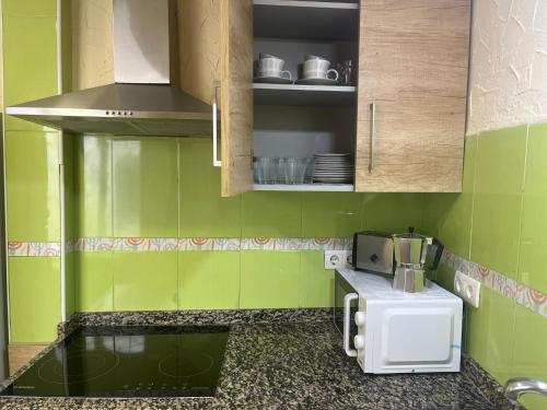 Una cocina con paredes verdes y una encimera con cafetera. en Apartamento Mercé, en Santa Pola