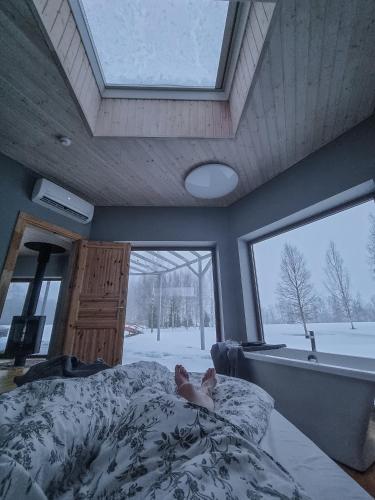 a bedroom with a bed and a large window at Dabas Osta in Jūdaži