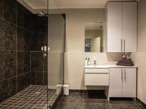 a bathroom with a shower and a sink at 105 Queens Park in Cape Town