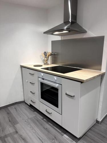 une cuisine avec un évier et une cuisinière dans l'établissement Appartement T4 en Hyper-centre, à Bourgoin-Jallieu
