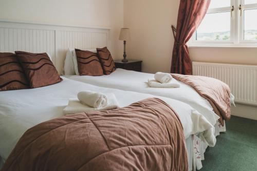 two beds in a bedroom with towels on them at Ballyknocken Milking Parlour Self Catering Apartment in Coolnakilly