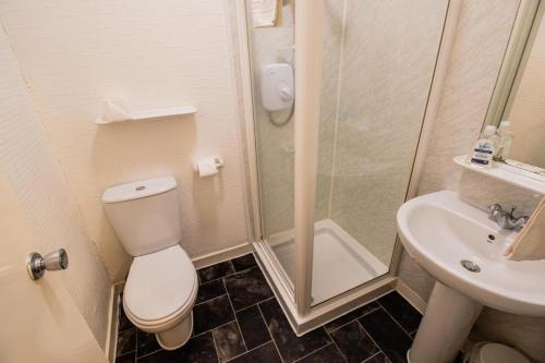 a bathroom with a toilet and a shower and a sink at The Ben Mhor Hotel, Bar & Restaurant in Grantown on Spey