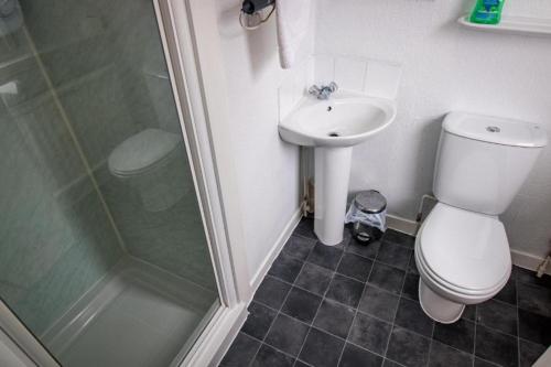 a bathroom with a toilet and a sink and a shower at The Ben Mhor Hotel, Bar & Restaurant in Grantown on Spey