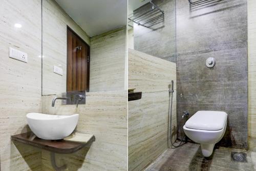 two pictures of a bathroom with a toilet and a shower at Palette River Front Railway Station Formerly Host Inn in Ahmedabad