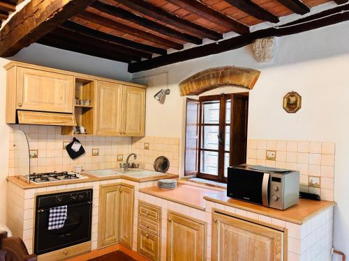 a kitchen with wooden cabinets and a microwave at Casa Nerina in Castiglione dʼOrcia