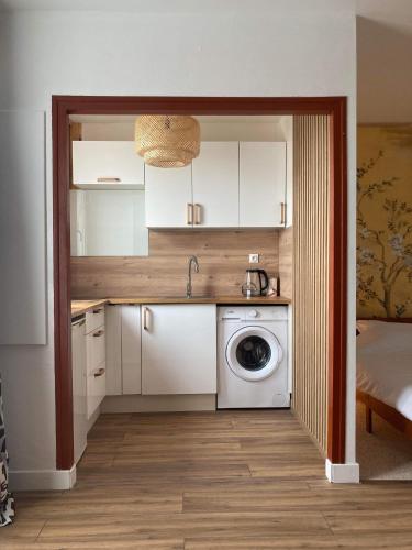 une cuisine avec un évier et une machine à laver dans l'établissement La Japan House, au Mans