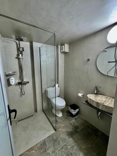 a bathroom with a shower and a toilet and a sink at Hotel Driloni in Ksamil