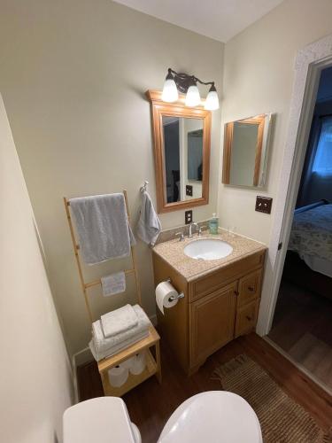 a bathroom with a sink and a toilet and a mirror at Lake View Condo in Basye