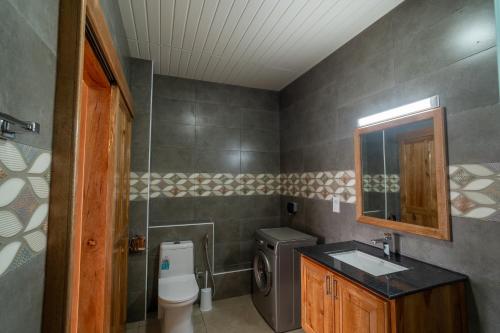 a bathroom with a toilet and a sink and a mirror at Sorento Holiday Apartments in Glacis