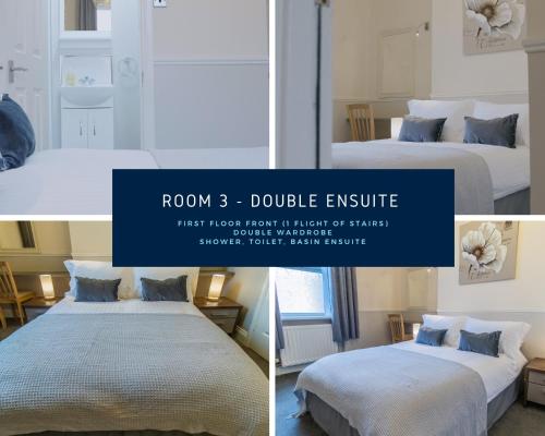 a collage of three pictures of a bedroom with two beds at Entire 8 Ensuite Bedroom Coastal Holiday Home Townhouse, Free Parking, Fully Equipped Kitchen, Dining Room & Lounge, Perfect for Family Gatherings, Long Term Contractor, Relocation, etc Stays, 20 mins to Sunderland & Newcastle, See our Site for Assurance in South Shields