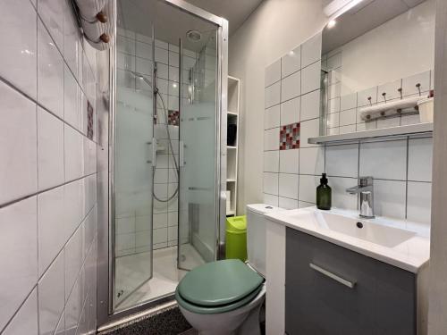 La salle de bains est pourvue de toilettes vertes et d'un lavabo. dans l'établissement L'échappée verte - Studio - 1 lit - 2 pers, à Châtel-Guyon