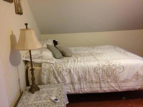 a bedroom with a white bed with a lamp at Charming Farmhouse in the City, Near Wine Country in Belleville