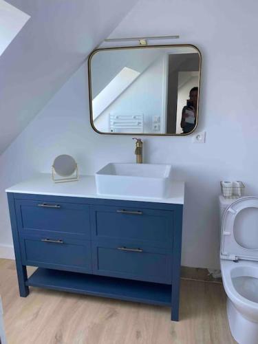 une salle de bain avec un lavabo bleu et un miroir dans l'établissement Superbe appartement vue mer, à Perros-Guirec