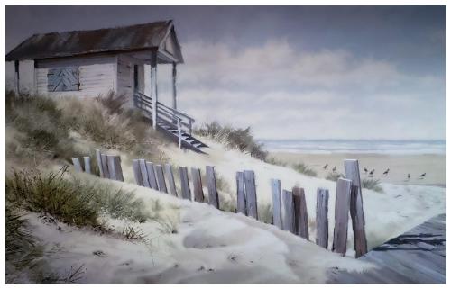 a painting of a wooden house on a beach at Balticus Playa Margarita in Międzyzdroje