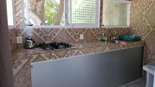 a kitchen counter with a stove and a sink at Rancho El Venado Termales in Acatic