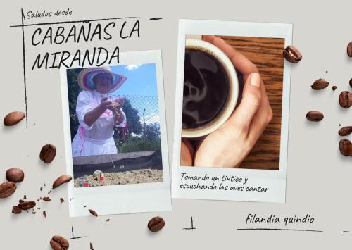a woman holding a cup of coffee and coffee beans at Cabañas la Miranda in Filandia