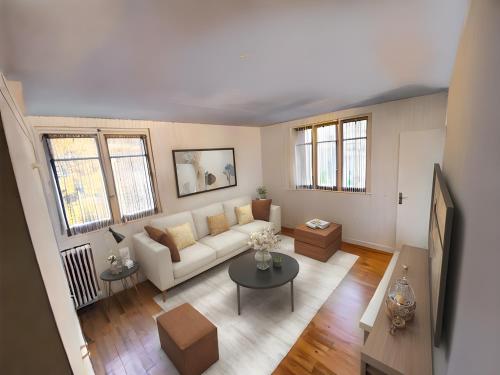 un salon avec un canapé et une table dans l'établissement Appartement Col de Latrape, à Aulus-les-Bains