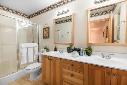 a bathroom with a sink and a toilet and a shower at Sugarbear Cabin - Luxurious Log Cabin, Pet Friendly in Sugarloaf