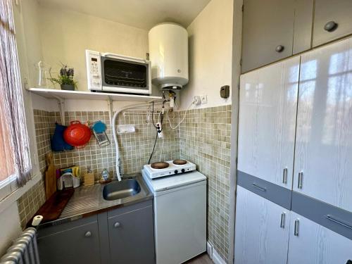 une petite cuisine avec une cuisinière et un micro-ondes dans l'établissement Appartement Col de Latrape, à Aulus-les-Bains