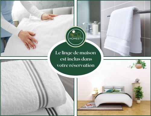 a collage of images of a bed and towels at Cozy Garden in Toulouse
