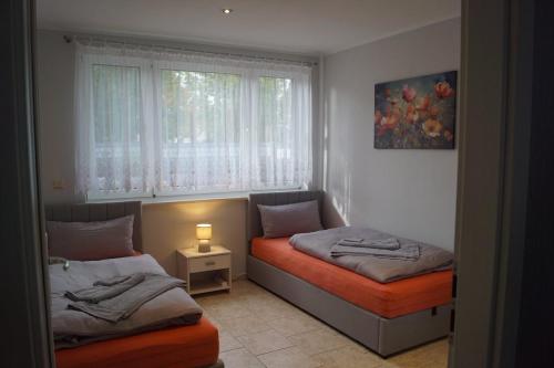 a bedroom with two twin beds and a window at FEWO Thüringer Becken in Sömmerda