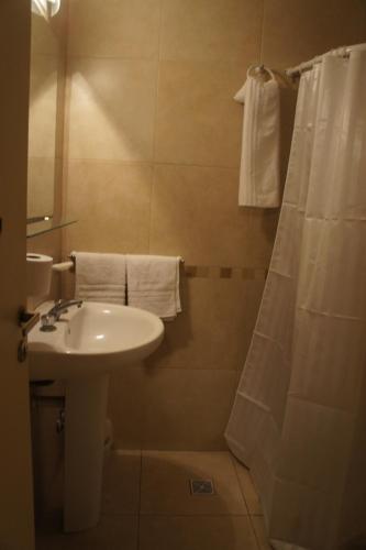 a bathroom with a sink and a shower at Hotel Urca in Mar del Plata