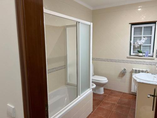 a bathroom with a shower and a toilet and a sink at Villa Vona - private pool, beautiful garden in 3 BDR villa in Óbidos