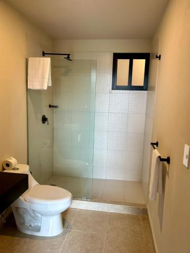 カンクンにあるNew Centric 1BR apartment with gym & poolのトイレとガラスのシャワー付きのバスルーム
