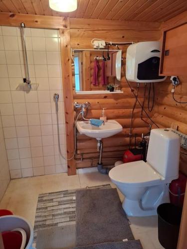 a bathroom with a toilet and a sink at Rantarinne 543 B in Kuusamo