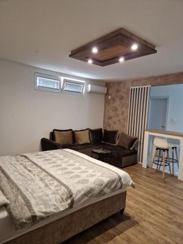 un dormitorio con una cama y un sofá en Apartmani Pejovic, en Nikšić