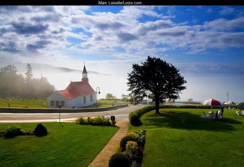 a church on a field with a tree and a street at Hôtel Motel Le Beluga in Tadoussac