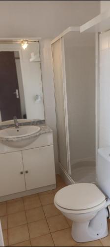 une salle de bain avec des toilettes blanches et un lavabo dans l'établissement Appartement vue mer clim 4 personnes résidence boulouris Panorama, à Saint-Raphaël