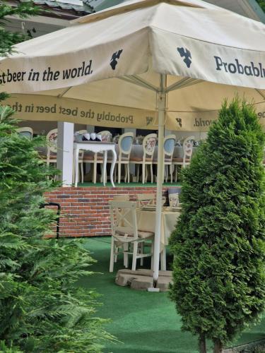 a table and chairs under an umbrella in a garden at PENSIUNEA DIMITRIOS Relaxare cu jacuzzi pe Valea Cernei in Băile Herculane