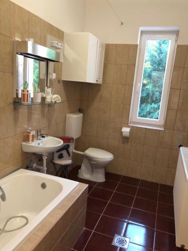 a bathroom with a tub and a toilet and a sink at Gavriel Boutique Residence Wellness Spa in Szada