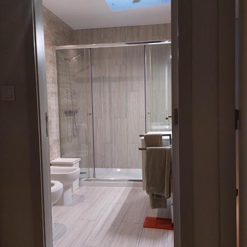 a bathroom with a shower and a toilet and a sink at SpinBay Apartment in Espinho