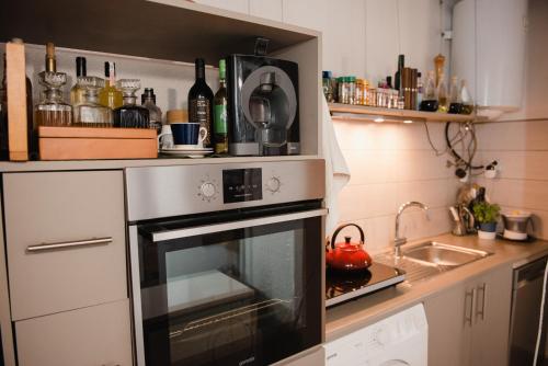 a small kitchen with a stove and a sink at Wine Cellar Turned Idyllic Spa Escape in Lenti