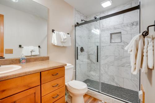 a bathroom with a shower with a toilet and a sink at Silverthorne Condo Patio, Mtn Views, Pool Access! in Silverthorne