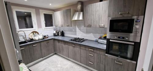 La cuisine est équipée de placards en bois, d'un évier et d'un four micro-ondes. dans l'établissement Centre 2, à Saint-Étienne