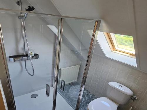a bathroom with a toilet and a glass shower at Modern Beach Retreat Sauna in Breskens