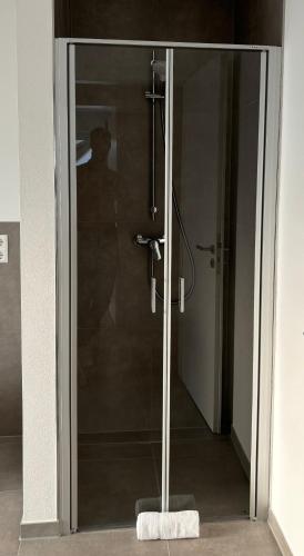 a shower with a glass door in a bathroom at REMA Homes - Luxuriöse Apartments - Messenähe - Offenburg in Offenburg